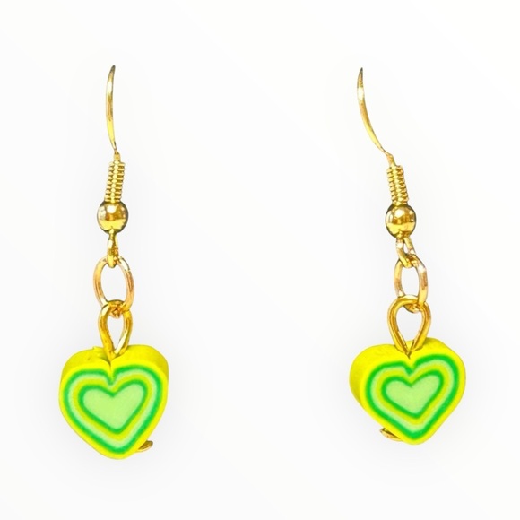Yellow & Green Rubber Heart Earrings with 18k Gold Plated Wires - Picture 1 of 2